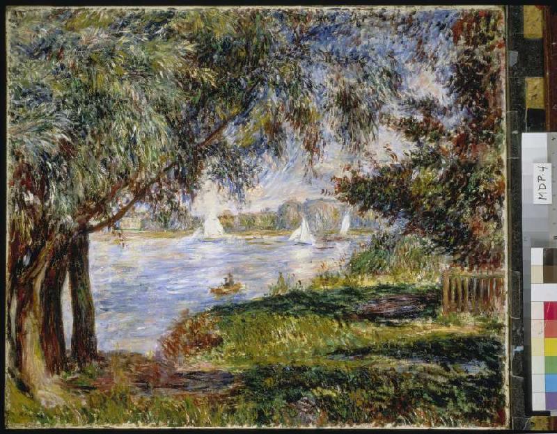 Blick durch Bäume auf Segelboote in Bougival von Pierre-Auguste Renoir