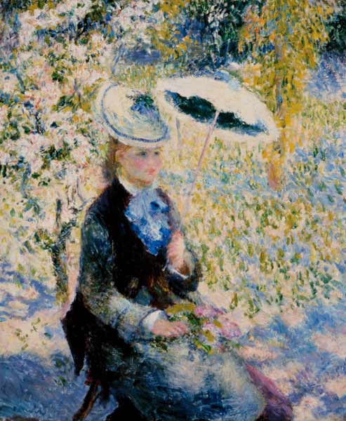Frau mit Sonnenschirm zwischen Blüten von Pierre-Auguste Renoir
