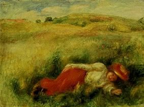 Junge Frau, in einer grünen Wiese liegend. von Pierre-Auguste Renoir