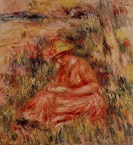 Junge Frau mit Hut in einer rötlichen Landschaft. von Pierre-Auguste Renoir