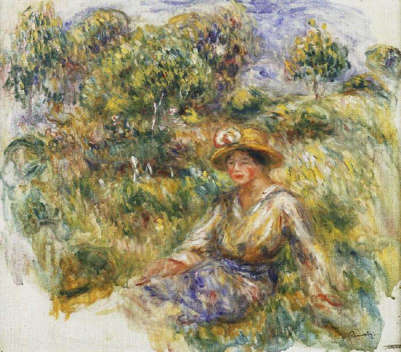 Frau mit blauem Hut auf einer Wiese (Femme en bleu en chapeau assise sur l'herbe) von Pierre-Auguste Renoir