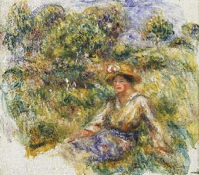 Frau mit blauem Hut auf einer Wiese (Femme en bleu en chapeau assise sur l'herbe) Um 1916