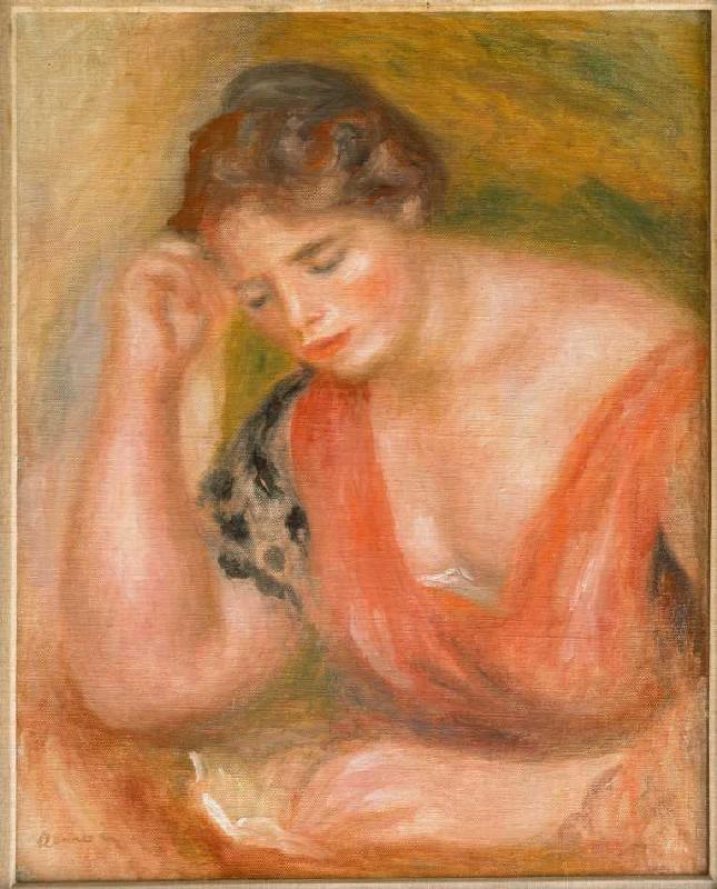Lesende junge Frau in rotem Kleid. von Pierre-Auguste Renoir