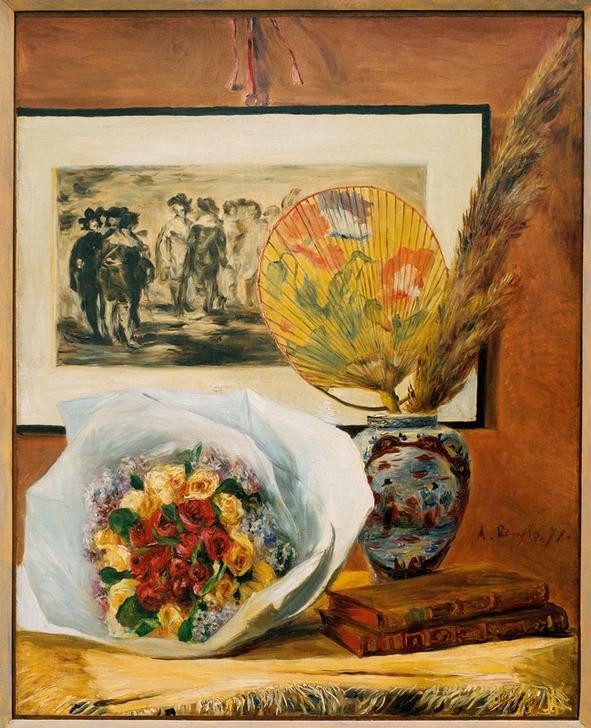 Nature morte au bouquet et à l’éventail von Pierre-Auguste Renoir