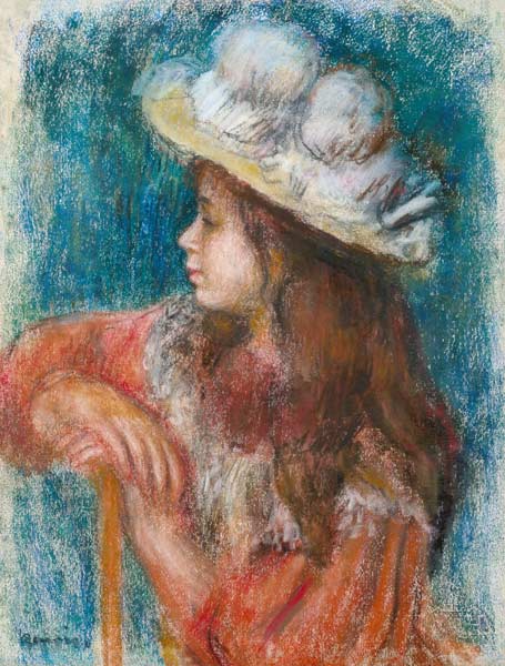 Seated Young Girl in a White Hat von Pierre-Auguste Renoir