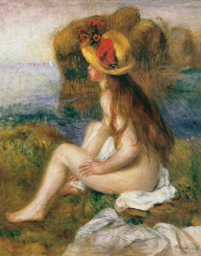 Seated female bather in a straw hat von Pierre-Auguste Renoir