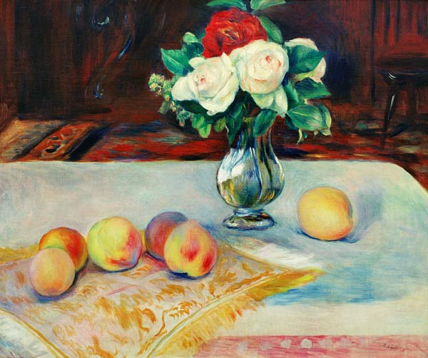 Still life with bunch of flowers and peaches von Pierre-Auguste Renoir