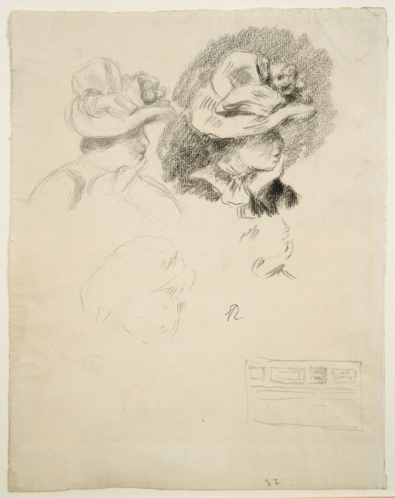 Studienblatt: Frau mit Hut und Skizze einer Bilderwand von Pierre-Auguste Renoir