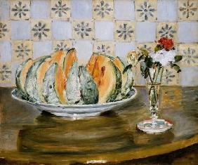 Still Life Of a Melon And A vase of Flowers