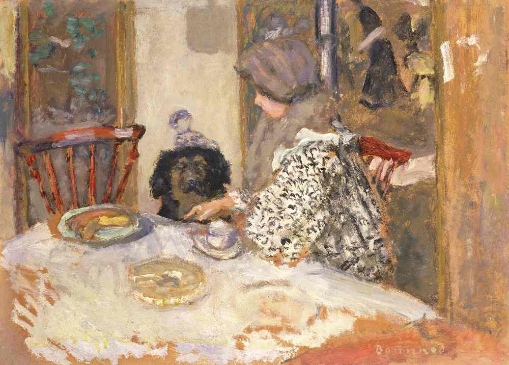 Frau mit einem Hund am Tisch von Pierre Bonnard
