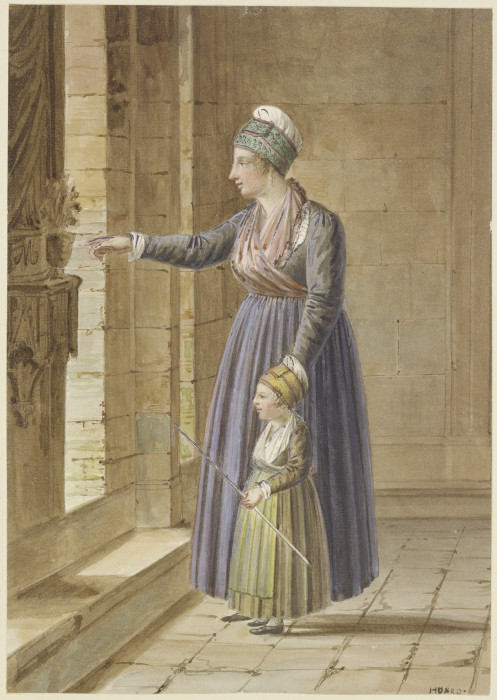 Junge Frau mit ihrer Tochter in provençalischer Tracht an einem Kirchenfenster von Pierre Huard