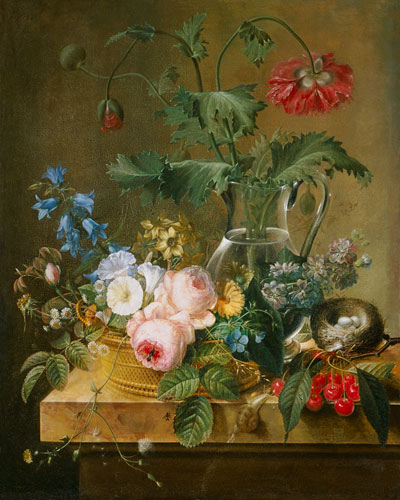 Rosen, Anemonen in Glasvase, andere Blumen, Kirschen und Vogelnest von Pierre Joseph Redouté
