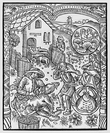 June, sheep shearing, Gemini, illustration from the ''Almanach des Bergers'', 1491 (xylograph) von Pierre Le Rouge