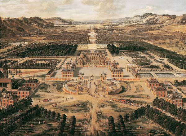 Perspective view of the Chateau, Gardens and Park of Versailles seen from the Avenue de Paris, 1668 von Pierre Patel
