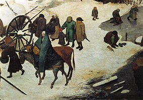 Die Volkszählung zu Bethlehem. Detail unten Mitte (Auf einem Esel reitende Frau) von Pieter Brueghel d. Ä.
