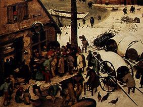 Die Volkszählung zu Bethlehem. Detail links unten (Die Zählung) von Pieter Brueghel d. Ä.