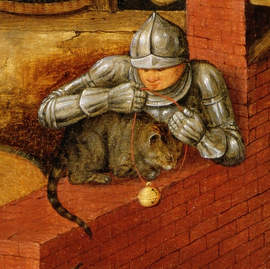 Knight putting a bell on a cat, detail from ''The Flemish Proverbs'' (detail of 67235) von Pieter Brueghel d. J.