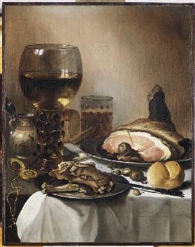 Stillleben mit einem Römer, Schinken, Fleisch und einer goldenen Taschenuhr 1651 oder 