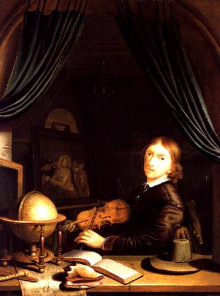 A Musician Playing a Violin by a Draped Casement von Pieter Cornelisz van Egmont