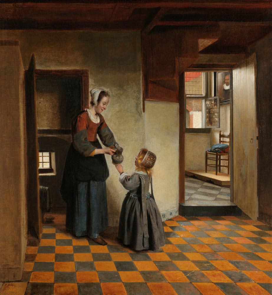 Frau mit einem Kind in einer Speisekammer von Pieter de Hooch