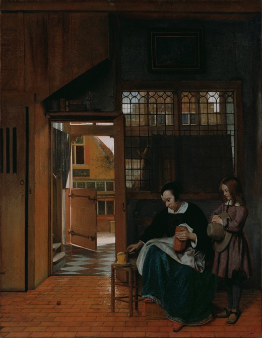 Eine Frau Butterbrot für einen Jungen vorbereitend von Pieter de Hooch