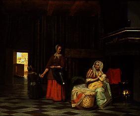Frau mit Kind an der Brust und Dienstmagd. von Pieter de Hooch