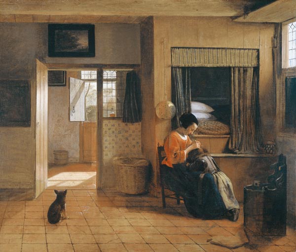 Mutterpflichten (Interieur mit Mutter, die Haare ihres Kindes nach Läusen absuchend) von Pieter de Hooch