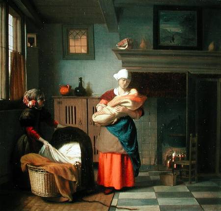Nursemaid with baby in an interior and a young girl preparing the cradle von Pieter de Hooch