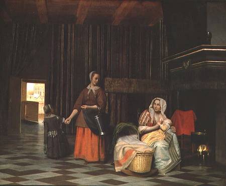 Woman with infant, serving maid with child von Pieter de Hooch
