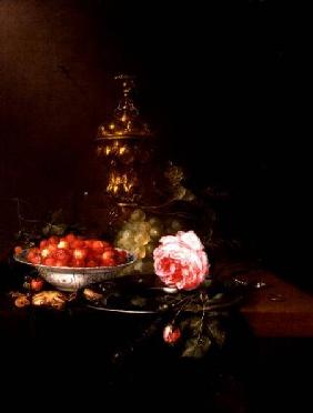 Still Life with a Bowl of Strawberries and a Rose 1652
