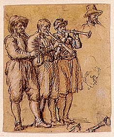 Drei Musikanten mit Dudelsack und Schalmeien um 1620