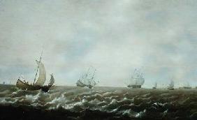 Dutch men-o'-war and other ships off the coast