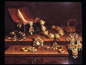 Casket of jewels on a table principally of German Origin (1600-50)