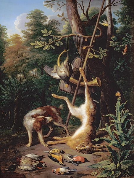 Jagdstillleben mit totem Hasen. von Pieter Gysels