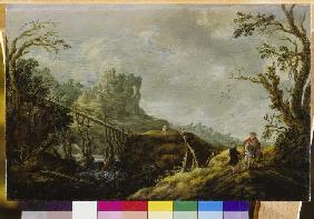 Flusslandschaft mit Holzbrücke und Ruine 1655
