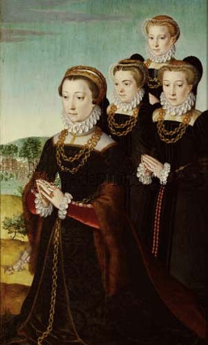 Die Frau des Stifters Anselm Boetius, Johanna Voet, mit drei Töchtern von Pieter Pourbus