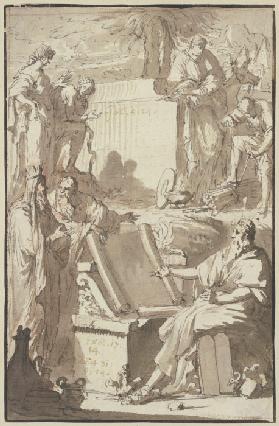 Titelblatt, oben das Motiv der arkadischen Hirten Poussins, unten rechts Mose
