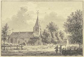 Kirche an der Landstrasse, rechts zwei Männer, der eine trägt eine Sense