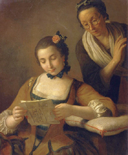 Junge und alte Frau beim Lesen eines Briefes. von Pietro Antonio Conte Rotari