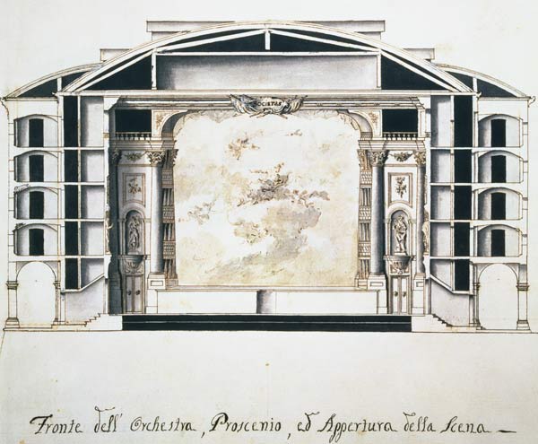 Cross section view of a theatre on the Grand Canal showing the stage and orchestra (Ausschnitt) von Pietro Bianchi