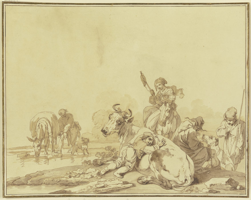 Hirten an einem Wasser gelagert, ein Knabe liegt auf einer Kuh, eine Frau mit Spinnrocken zu Pferde von Pietro Palmieri d. Ä.