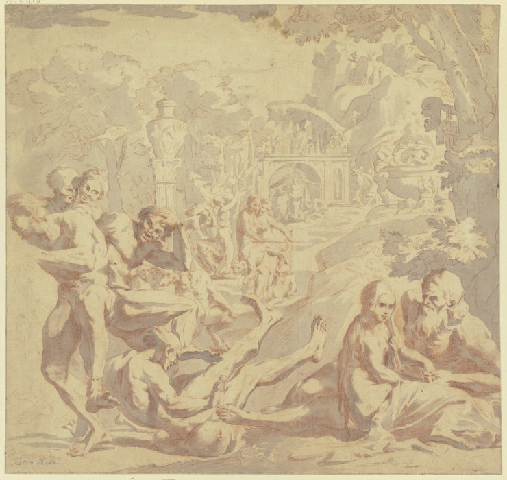 Bacchanal, rechts liebkost ein alter Mann ein Mädchen, links fällt ein Mann über einen Weinschlauch von Pietro Testa