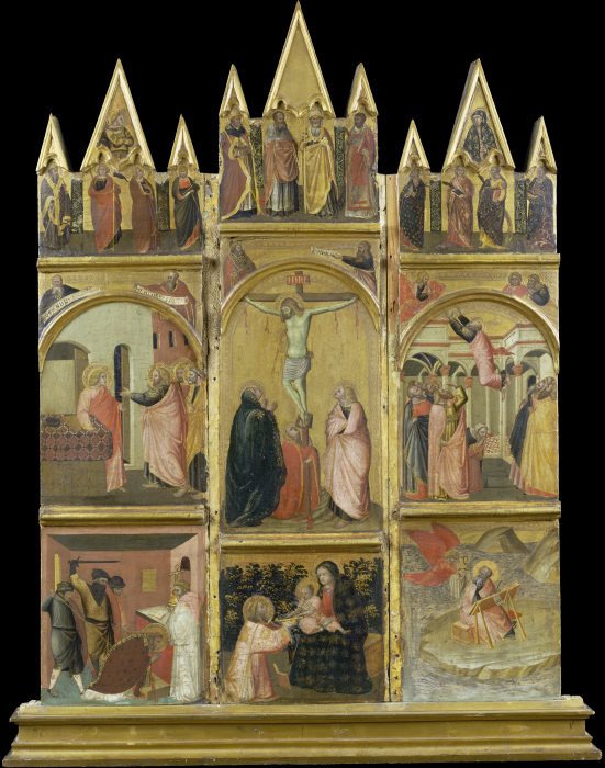 Kreuzigung Christi, Madonna mit Kind und heiligem Diakon sowie Szenen aus den Legenden der Evangelis von Pietro Lorenzetti
