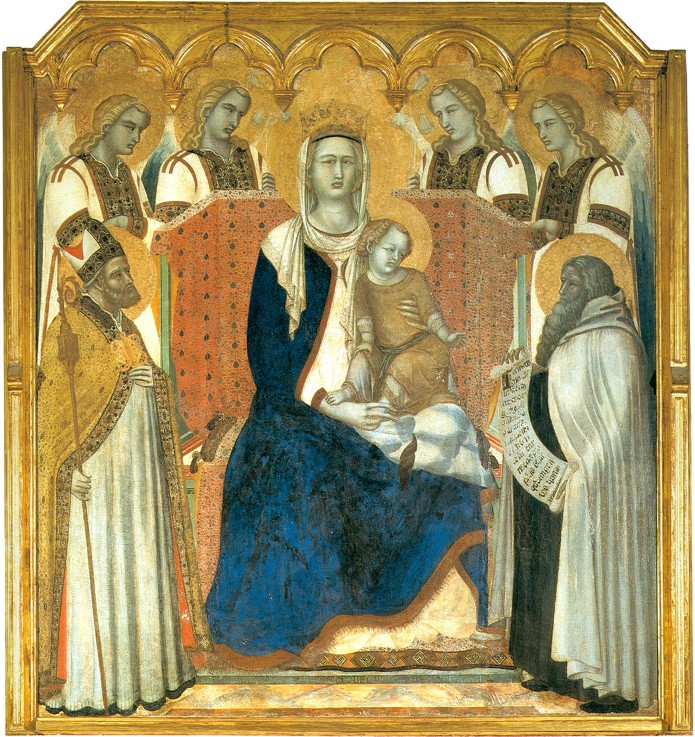 Thronende Madonna mit Kind zwischen heiligen Nikolaus und Prophet Elias (Madonna del Carmine) von Pietro Lorenzetti