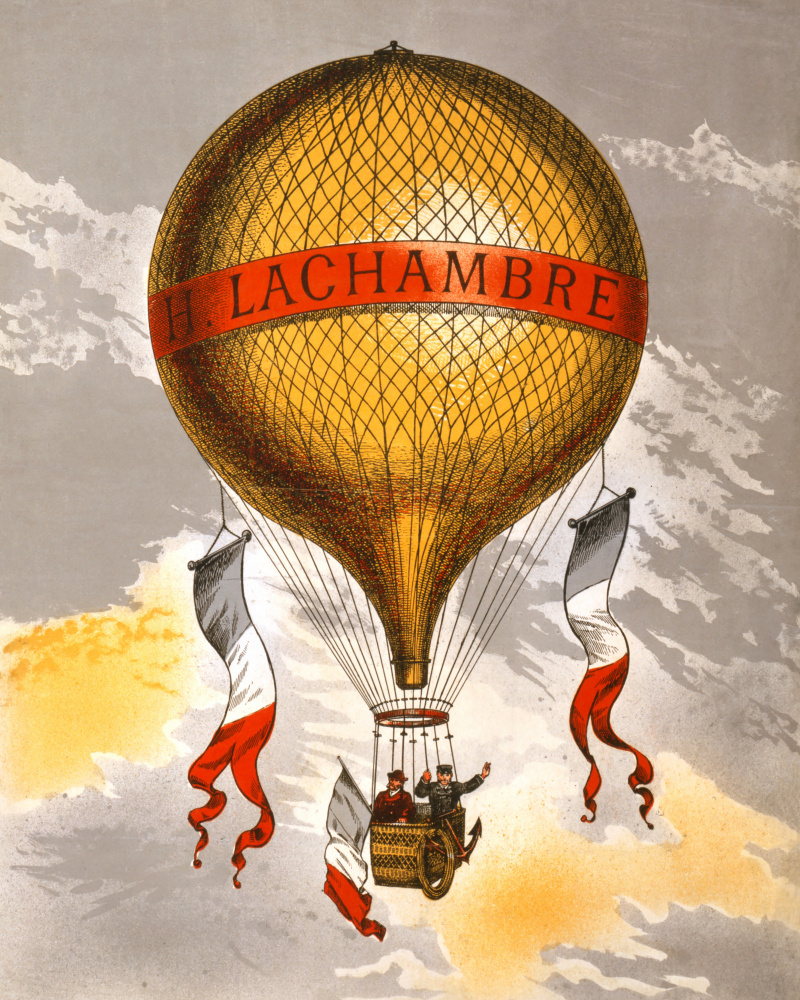 Ballon mit der Aufschrift „Zwei Männer,die im Korb reiten“,1880 von Plakatkunst