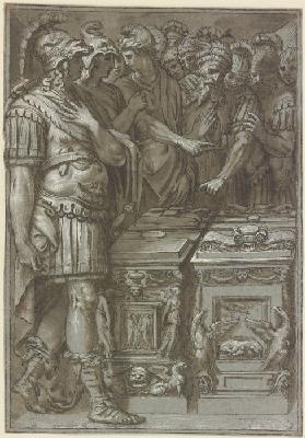 Alexander der Große mit vielen Personen bei zwei Altären stehend