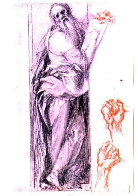 Study of St. John the Evangelist and two studies of fists (black and red chalk) von Jacopo Pontormo, Carucci da