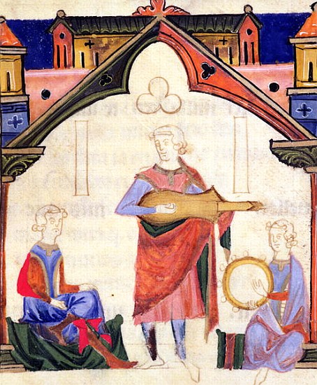 Fol.12v Musicians playing the guitar and tambourine, from the ''Chansonnier des Nobles'' von Portuguese School