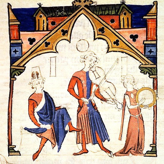 Fol.6r Musicians Playing a Viola and a Tambourine, from the ''Chansonnier des Nobles'' von Portuguese School