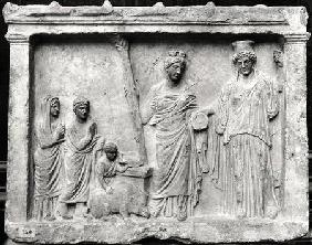 Man, woman and child before an altar offering a sow as a sacrifice to Demeter and Kore